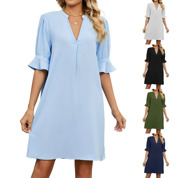 Elainilye Fashion Summer Dresses for Women 2024 Casual Sexy Summer V Neck Short Sleeve Loose Solid Dress,Blue