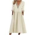 thumbnail image 1 of Elainilye Fashion Summer Dresses for Women 2024 Loose Cotton Linen Dress Lace Collar Elbow-Length Sleeve Dress,Beige, 1 of 7
