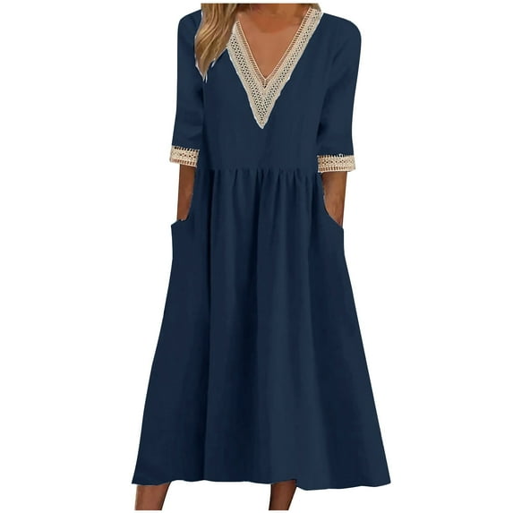 Elainilye Fashion Summer Dresses for Women 2024 Loose Cotton Linen Dress Lace Collar Elbow-Length Sleeve Dress,Blue