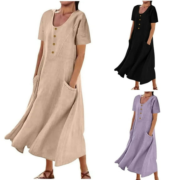 Elainilye Fashion Summer Dresses for Women 2024 Solid Color Casual Sleeveless Round Neck Dress with Pocket Maxi Sundress,Black