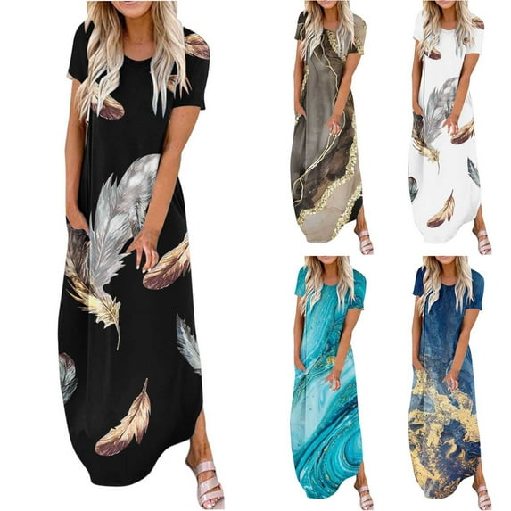 Elainilye Fashion Summer Dresses for Women 2024 Summer Casual Rounk Neck Short Sleeve Pockets Printing Long Dress,Blue