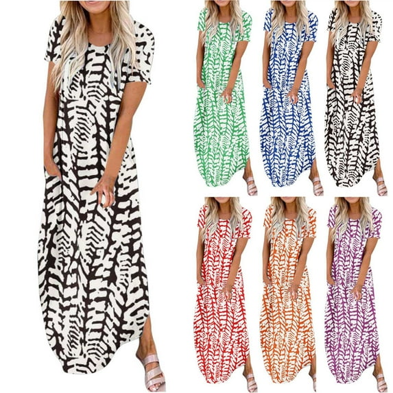 Elainilye Fashion Summer Dresses for Women 2024 Summer Casual Rounk Neck Short Sleeve Pockets Printing Long Dress,Red