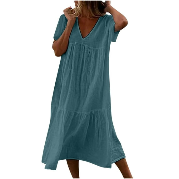 Elainilye Fashion Summer Dresses for Women Casual Looes V-Neck Short Sleeve Long Dress Solid Pleated Dresses,Blue