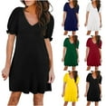thumbnail image 1 of Elainilye Fashion Summer Dresses for Women Casual Solid Color Short Sleeve Dress with Pocket Beach Dresses Sun Dresses,Blue, 1 of 8