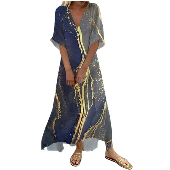 Elainilye Fashion Sun Dresses Summer Casual Printed Dress with Pocket V Neck Short Sleeve Dress Vacation Dress,Blue