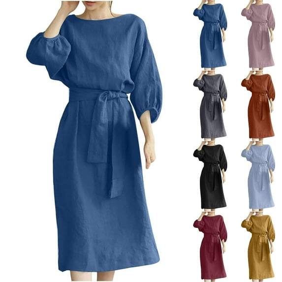 Elainilye Fashion Sundresses for Women Plus Size Round Neck Loose Short Sleeve Solid Mid-Calf Dress Long Dress,Brown