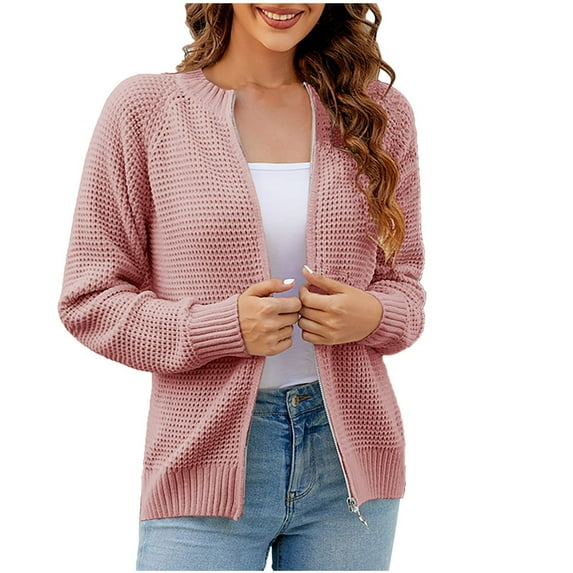 Elainilye Fashion Sweaters For Women Knit Sweater Casual Long Sleeve Zipper Sweater Coat Loose Cardigan Outerwear,Pink