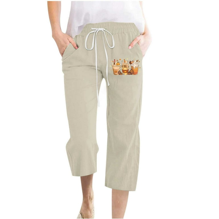 Elainilye Fashion Sweatpants Women Halloween Cotton Linen Casual Pants  Drawstring Elastic Waist Pants Loose Comfy Trousers With Pockets 