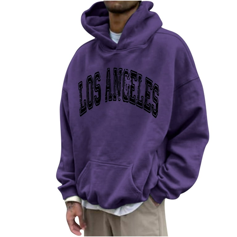 Elainilye Fashion Sweatshirts For Men Hoodie Letter Rinted Pullover Top  Fleece Long-sleeved Top Hooded Sweatshirts,Purple 