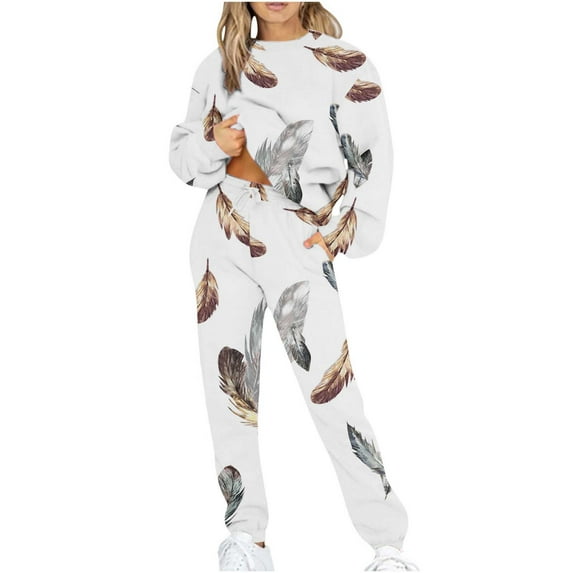 Elainilye Fashion Sweatsuits for Women Casual Print Long Sleeve Round Neck Sweatshirt Top and Pants Set Two Piece Outfits,Brown