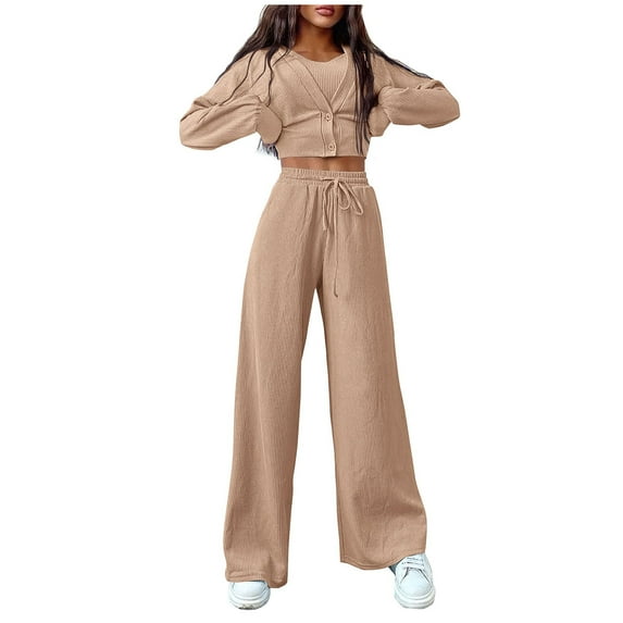 Elainilye Fashion Sweatsuits for Women Fall Winter Track Suits Ribbed Knit Cardigan Cropped Tank Tops Wide Leg Pants 3 Piece Outfits,Brown