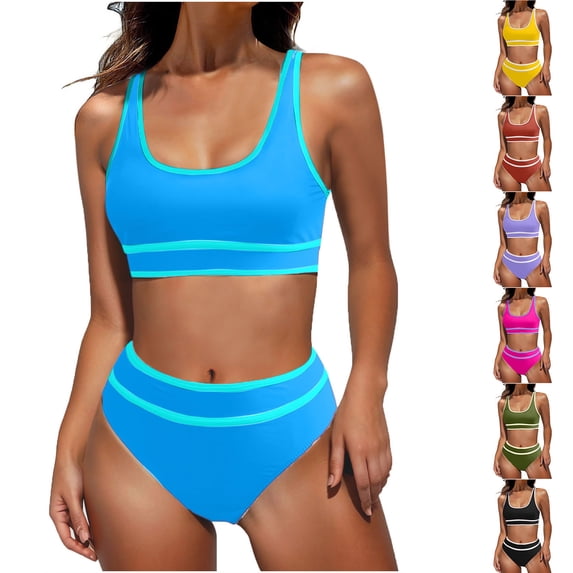 Elainilye Fashion Swim Suits for Women 2024 Two-piece Bikini Set Sexy Solid Swimwear Bra and Ruffles Bathing Sets Beachwear,Purple