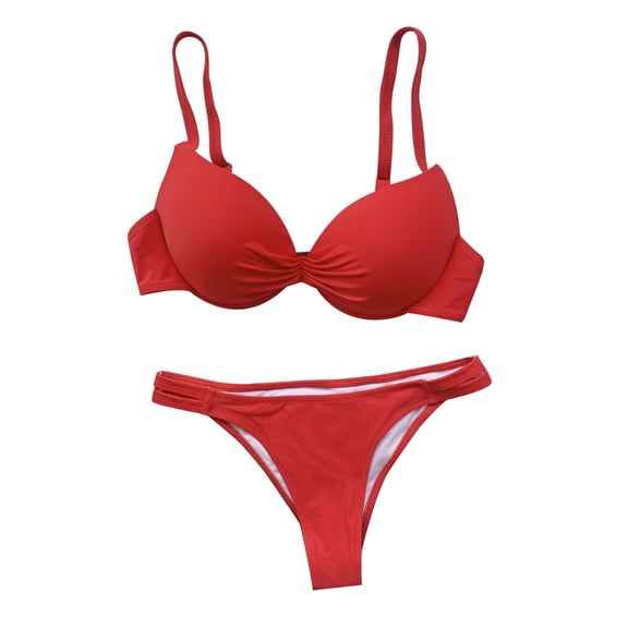 Elainilye Fashion Swimming Suits for Women Solid Sexy Steel Bracket Solid Bikini Push-Up Padded Swimwear Swimsuit Beachwear Set,Red