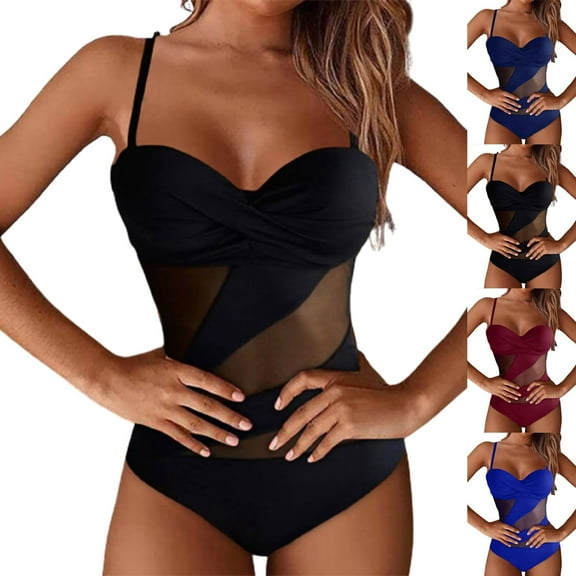 Elainilye Fashion Swimsuit One Piece Siamese Sexy Perspective Lace Solid Swimwear Sling One-piece Swimsuit,Red