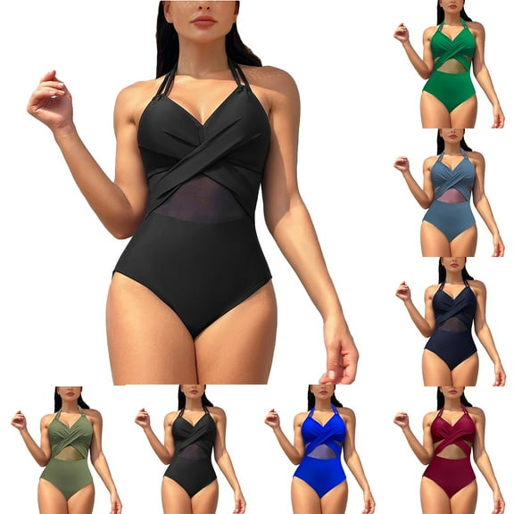 Elainilye Fashion Swimsuit for Women 2024 Tummy Control One Piece Swimsuit Spring Solid Color Mesh Bikini Swimsuit,Black
