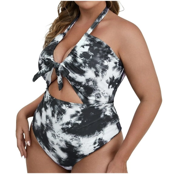 Elainilye Fashion Swimsuit for Women Ladies Plus Size Gradient Color Print Lacing One-piece Swimsuit,Black