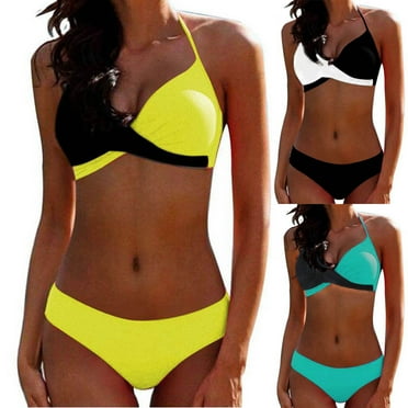 Elainilye Fashion Swimsuit for Women Sexy Swimwear Patchwork String Bikini Split Swimsuit 2 Piece Set,Black