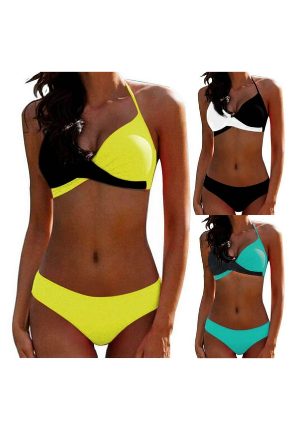 Fashion Swimsuit for Women Sexy Swimwear Patchwork String Bikini Split Swimsuit 2 Piece Set,Black