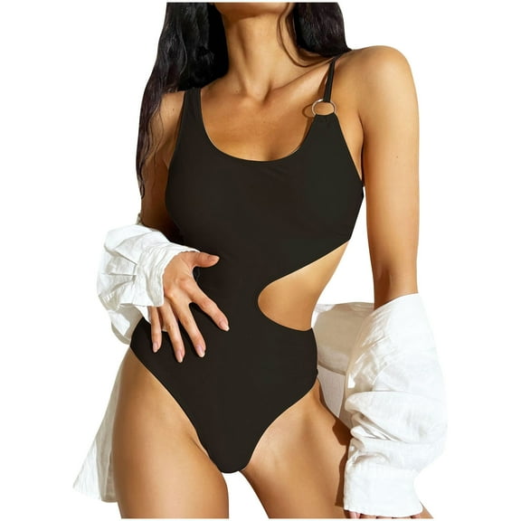 Elainilye Fashion Swimsuits for Women 2024 One Piece Bathing Suit Summer Sexy Strap Solid Fold One Piece Swimsuit,Black