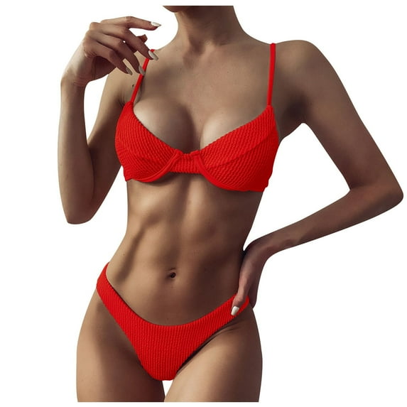 Elainilye Fashion Swimwear for Women Sexy High Breast Contrast Solid Split Bikini Set Two Piece Swimsuit Sets,Red