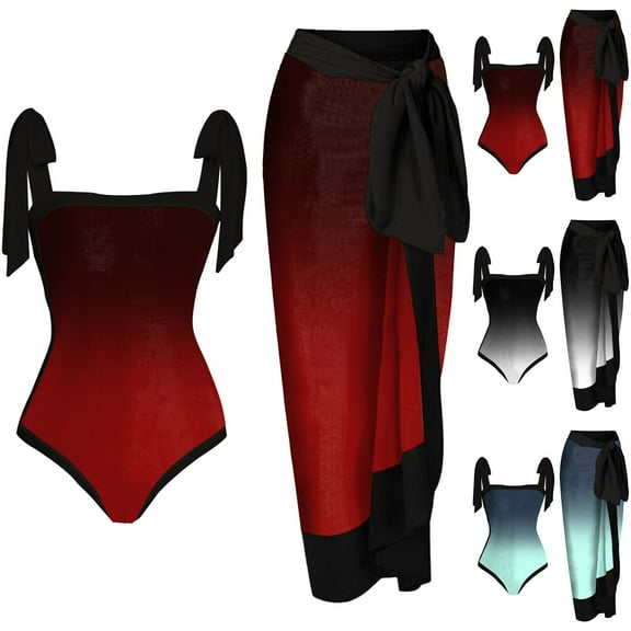 Elainilye Fashion Swimwear for Women Sexy One-piece Bikini Lace Up Gradient Printed Swimsuit Long Skirt Two-piece Sets Swimwear,Red
