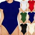 thumbnail image 1 of Elainilye Fashion Thong Bodysuit for Women Casual Round Neck Bodysuit Solid Color Sexy Short Sleeve Body Shaper,Black, 1 of 7