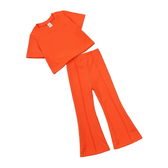 Elainilye Fashion Toddler Baby Girls Outfits Casual Children's Short-sleeved Blouse Bell-bottoms Two-piece Suit,Orange