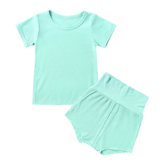 Elainilye Fashion Toddler Boys Girls 2 Piece Outfits Cute Solid Color Short Sleeve High Waist Shorts Cotton Casual Suit Sizes 6M-4Y,Green