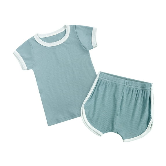 Elainilye Fashion Toddler Boys Girls 2 Piece Outfits Cute Solid Color Short Sleeve Shorts Set Cotton Casual Suit Sizes 6M-4Y,Blue