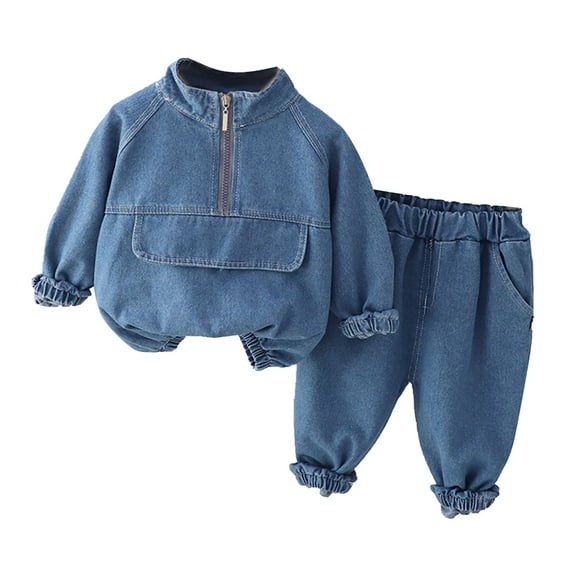 Elainilye Fashion Toddler Boys Girls Fall Outfits Cute Long Sleeve Zipper Top Pants Denim Suit 2 Piece Set For 6 Months - 5 Years Old,Blue