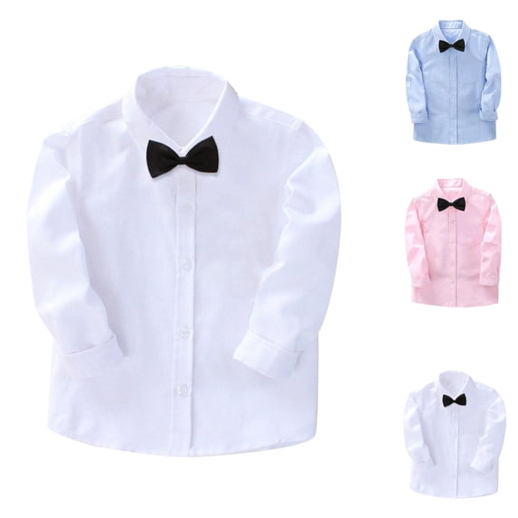 Elainilye Fashion Toddler Boys Long Sleeve Blouse Solid Color Gentleman's School Uniform Shirt Tie Suit Sizes 2-14Y,White