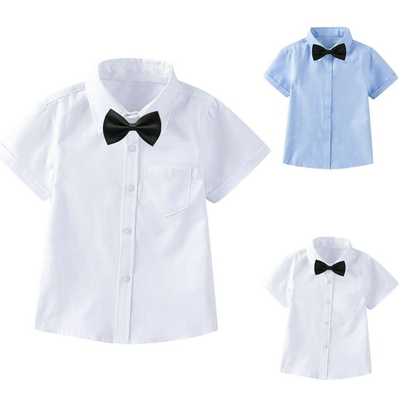 Elainilye Fashion Toddler Boys Short Sleeve Blouse Solid Color Gentleman's School Uniform Shirt Bow Tie Suit Sizes 3-14Y,Beige
