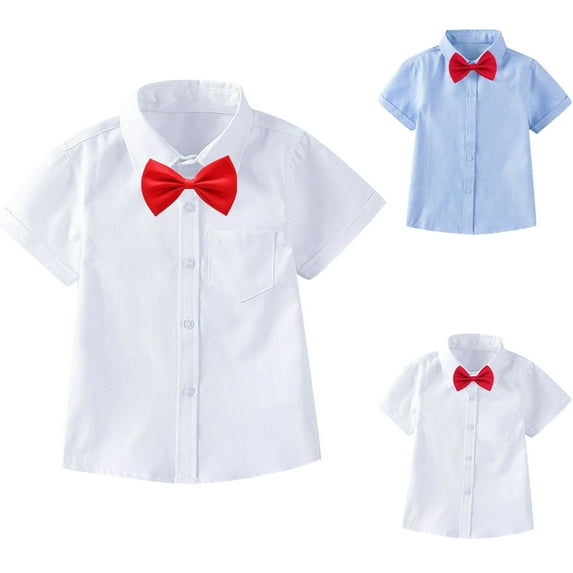 Elainilye Fashion Toddler Boys Short Sleeve Blouse Solid Color Gentleman's School Uniform Shirt Bow Tie Suit Sizes 3-14Y,Blue