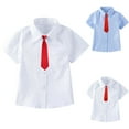 thumbnail image 1 of Elainilye Fashion Toddler Boys Short Sleeve Blouse Solid Color Gentleman's School Uniform Shirt Tie Suit Sizes 3-14Y,Blue, 1 of 6