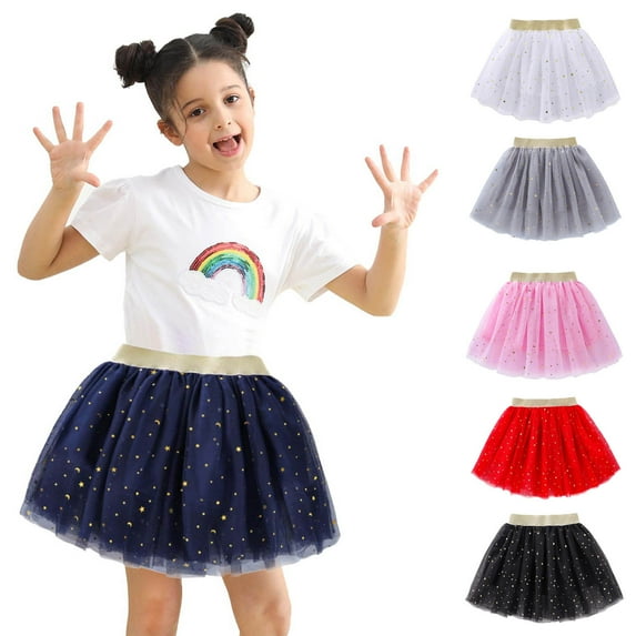 Elainilye Fashion Toddler Girls Tutu Skirt Party Performance Dress Solid Color Net Yarn Sequins Stars Tulle Skirt, Sizes 2-14Y,Black