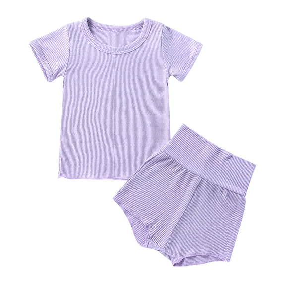 Elainilye Fashion Toddler Kids Baby Summer Outfits Boys Girls Cotton Short Sleeve Top High Waist Shorts Two-piece Set,Purple
