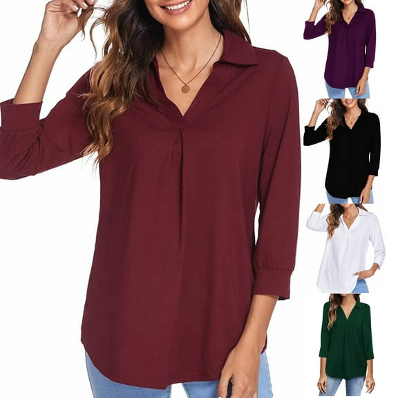 Elainilye Fashion Tops Women Casual V Neck Pullover Top Long Sleeve Solid Color Shirt Blouse Tops Undershirt,Purple