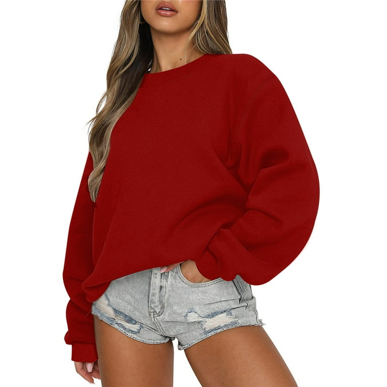 Elainilye Fashion Tops Women Solid Print Casual Long Sleeve Round Neck  Loose Hoodless Sweatshirt Tops Blouse 