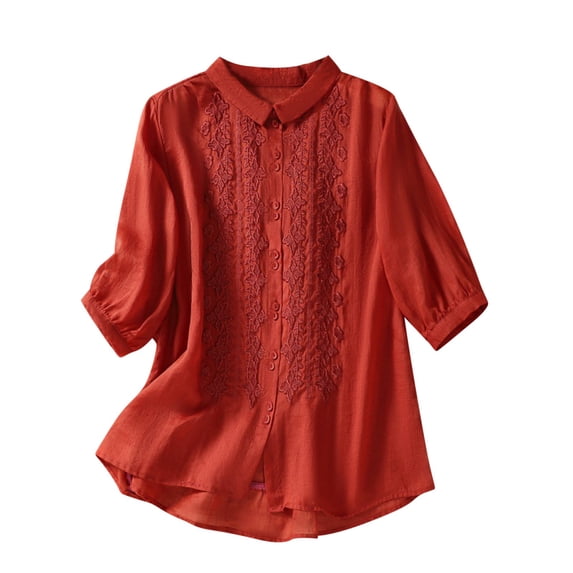 Elainilye Fashion Tops for Women 2024 Casual Loose T-Shirt 3/4 Sleeve Button Pockets Tops Cotton and Linen Blouse,Red