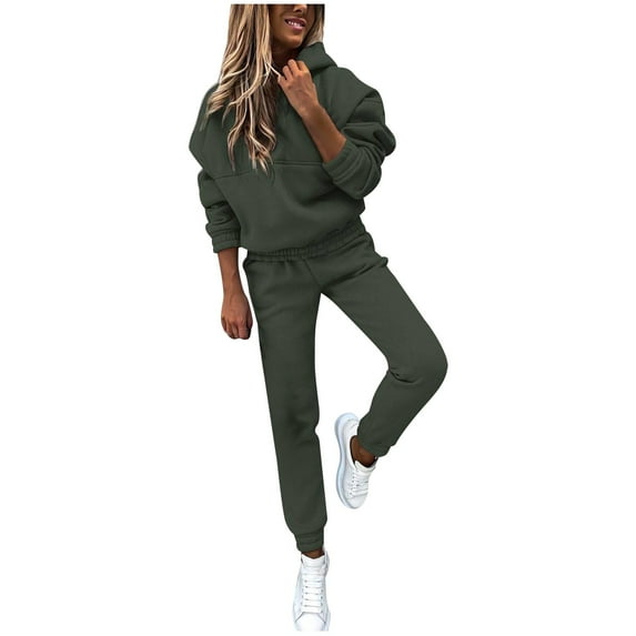 Elainilye Fashion Track Suits for Women Set Solid Long Sleeve Hooded Sweatshirt and Pant Two-piece Sweatsuit,Green