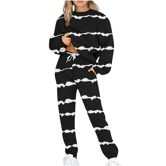 Elainilye Fashion Tracksuit Sets Womens 2 Piece Sweatsuit Casual Print Long Sleeve Round Neck Sweatshirt Top and Pants Set,Black