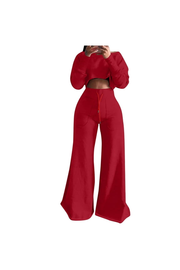 Fashion Tracksuit Sets Womens 2 Piece Sweatsuit Pocket Round-Neck Casual Long Sleeve Sweatshirt and Pant Set,Red