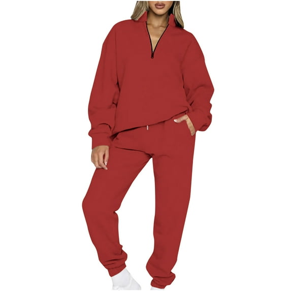 Elainilye Fashion Tracksuit Sets Womens 2 Piece Sweatsuit Solid Color Zippered Lapel Sweatshirt Top and Pants Sport Set,Red
