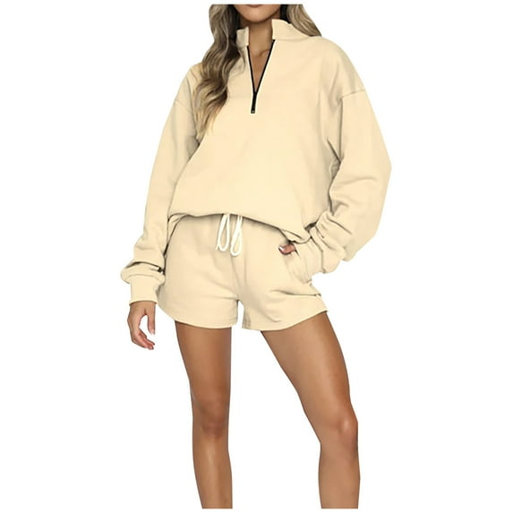 Elainilye Fashion Tracksuit Sets Womens 2 Piece Sweatsuit Solid Pullover Sport Set Hoodless Sweatshirt Pants Short Sets,Beige