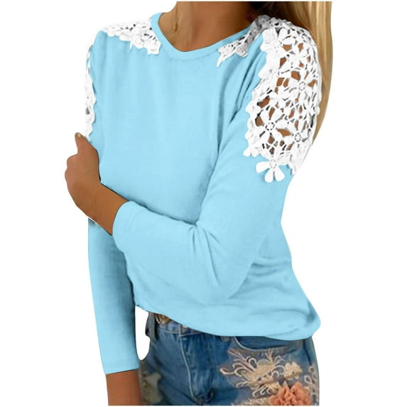 Elainilye Fashion Tshirt Solid Print Casual Long Sleeved Blouse Round-Neck Lace Tops T-Shirt