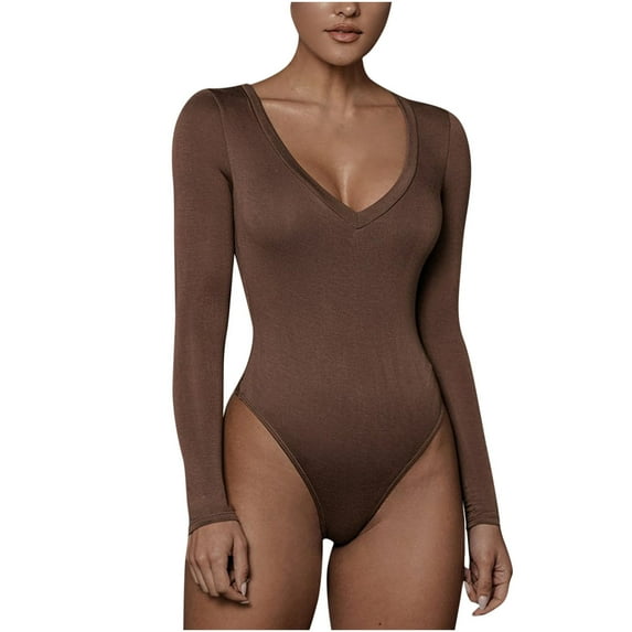 Elainilye Fashion Tummy Control Thong Shapewear Long Sleeved Versatile Solid Color Tight Fitting Cutout Jumpsuit Bodysuit,Brown