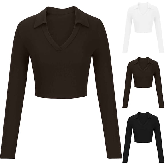 Elainilye Fashion Underscrubs for Women Spring Tight Long Sleeve Shirt Cotton Ribbed Knit Top Deep V Crop Top Basics Womens Tops,White