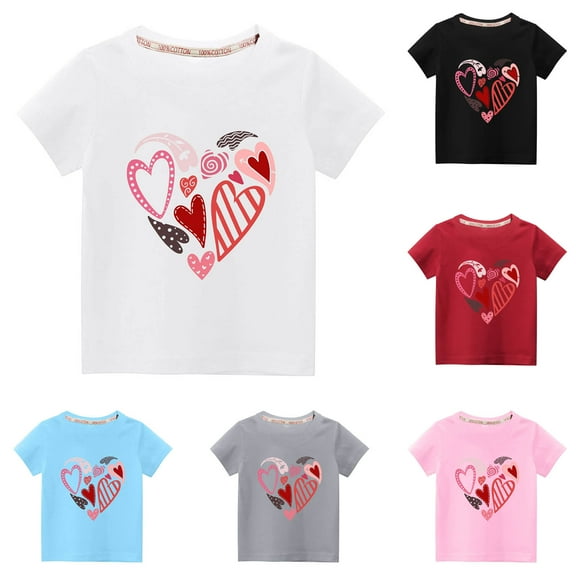 Elainilye Fashion Unisex Toddler Clothes Boys Girls Short Sleeve T-Shirt Valentine's Day Heart Print Round Neck Top Sizes 3-10Y,Pink