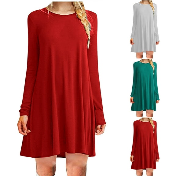 Elainilye Fashion Vacation Dresses for Women Casual Long Sleeve Solid Round Neck Ladies Loose Mini Dress,Gray