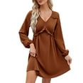 thumbnail image 1 of Elainilye Fashion Vacation Dresses for Women Long Sleeve Solid Color V-Neck Short Skirt Casual Dress,Brown, 1 of 6